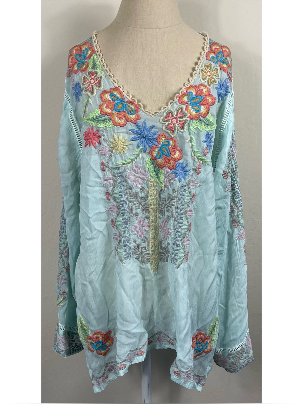 Johnny Was Riveda Floral Embroidered Light Turquoise Blouse